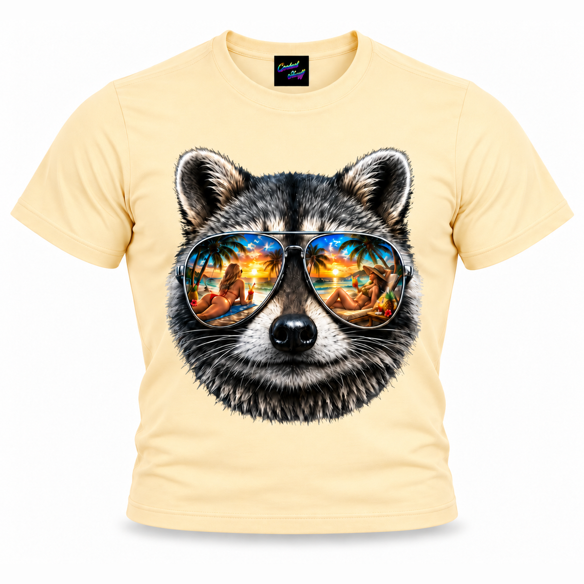 coolest,stuff,tshirt,shirt,tee,unisex,fashion,gift,graphic,apparel,streetwear,casual,clothing,outfit,trendy,raccoon,sunglasses,aviator,mirrored,reflection,beach,sunset,tropical,palms,ocean,summer,vacation,paradise,island,coastal,relaxation,cocktails,pineapple,bikini,sunbathing,women,sand,animal,wildlife,portrait,realistic,detailed,cool,playful,apricot