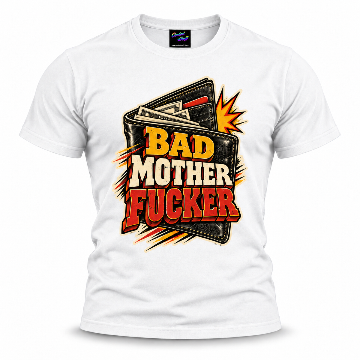 coolest,stuff,tshirt,shirt,tee,unisex,fashion,gift,bold,graphic,apparel,streetwear,casual,badass,wallet,cash,money,bad,mother,fucker,profanity,humor,irreverent,statement,slogan,typography,lettering,retro,distressed,comic,white,red,yellow,black,crewneck,printed,novelty,attitude,rebellious,cinema,cult,white