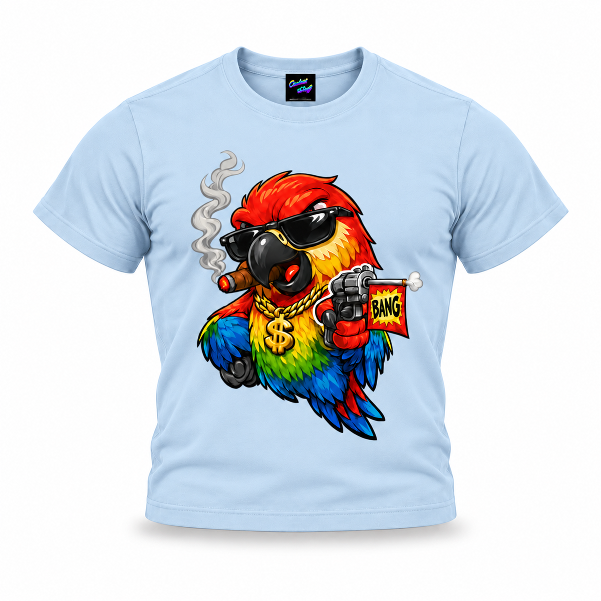 coolest,stuff,tshirt,shirt,tee,unisex,fashion,gift,graphic,apparel,streetwear,casual,clothing,outfit,trendy,parrot,macaw,bird,gangster,sunglasses,cigar,smoke,gold,chain,dollar,bling,swagger,attitude,humor,cartoon,comic,bang,flag,prank,toy,revolver,feathers,tropical,colourful,bold,illustration,blue