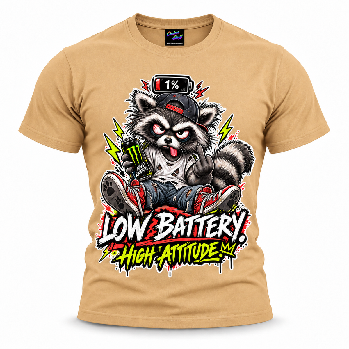 coolest,stuff,tshirt,shirt,tee,unisex,fashion,gift,bold,graphic,apparel,streetwear,casual,raccoon,battery,attitude,low,high,tired,exhausted,sarcasm,humor,rebellious,grumpy,caffeine,energy,drink,burnout,sassy,rude,sneakers,cap,denim,ripped,cartoon,graffiti,grunge,lightning,neon,novelty,khaki