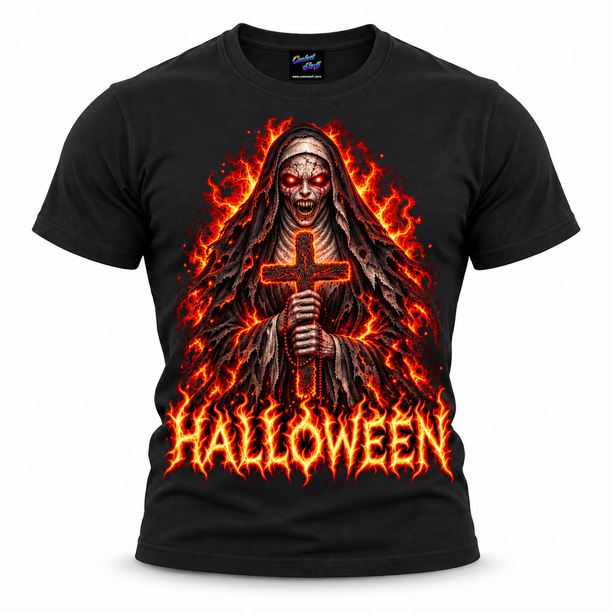 Halloween,tshirt,tee,spooky,undead,skeleton,vampire,shirt,holy,flames,scary,outfit,nun,horror,haunted,graphic,gothic,design,demonic,cross,creepy,black