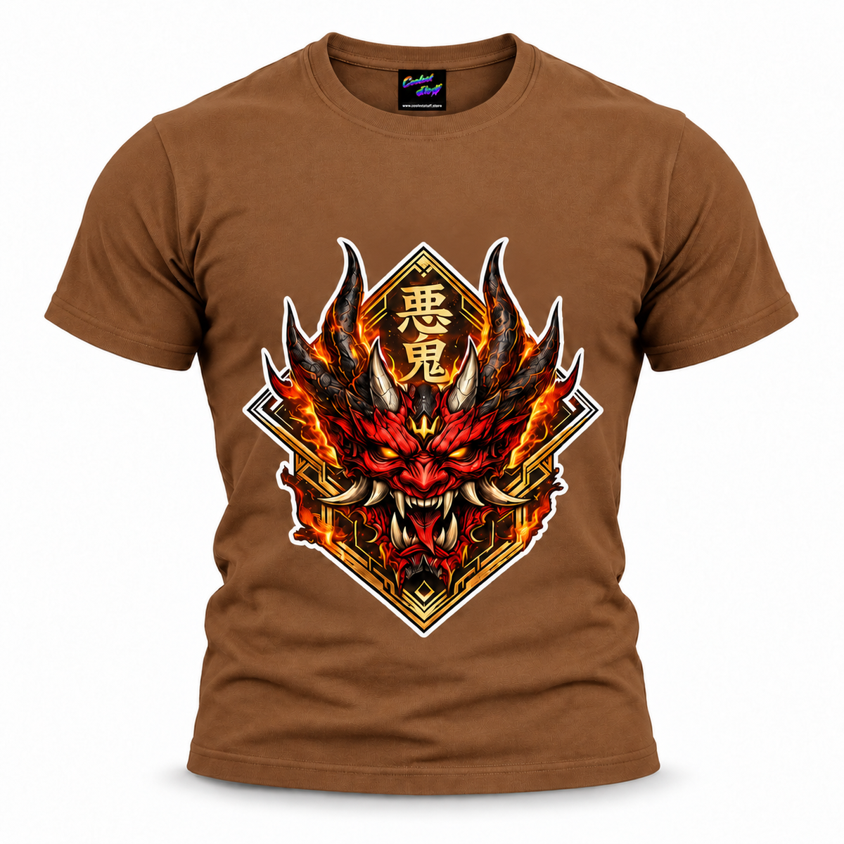 coolest,stuff,Japanese,oni,shirt,tee,tshirt,mask,demon,streetwear,anime,graphic,samurai,hannya,yokai,mythology,clothing,fire,design,art,apparel,tattoo,style,fashion,manga,otaku,aesthetic,warrior,gothic,gamer,gift,brown