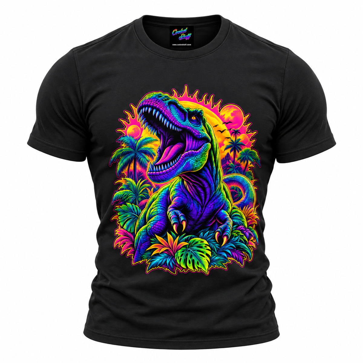 Neon T-Rex Jungle T-Shirt – Psychedelic Dinosaur Graphic Tee | Retro Tropical Streetwear
