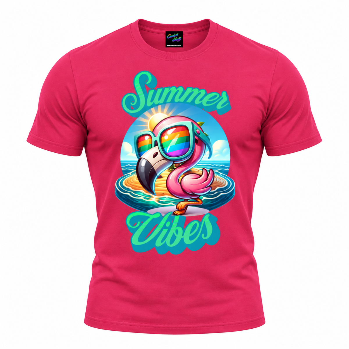 Summer Vibes Flamingo T-Shirt | Cute Pink Flamingo with Rainbow Sunglasses | Tropical Beach Vacation Graphic Tee