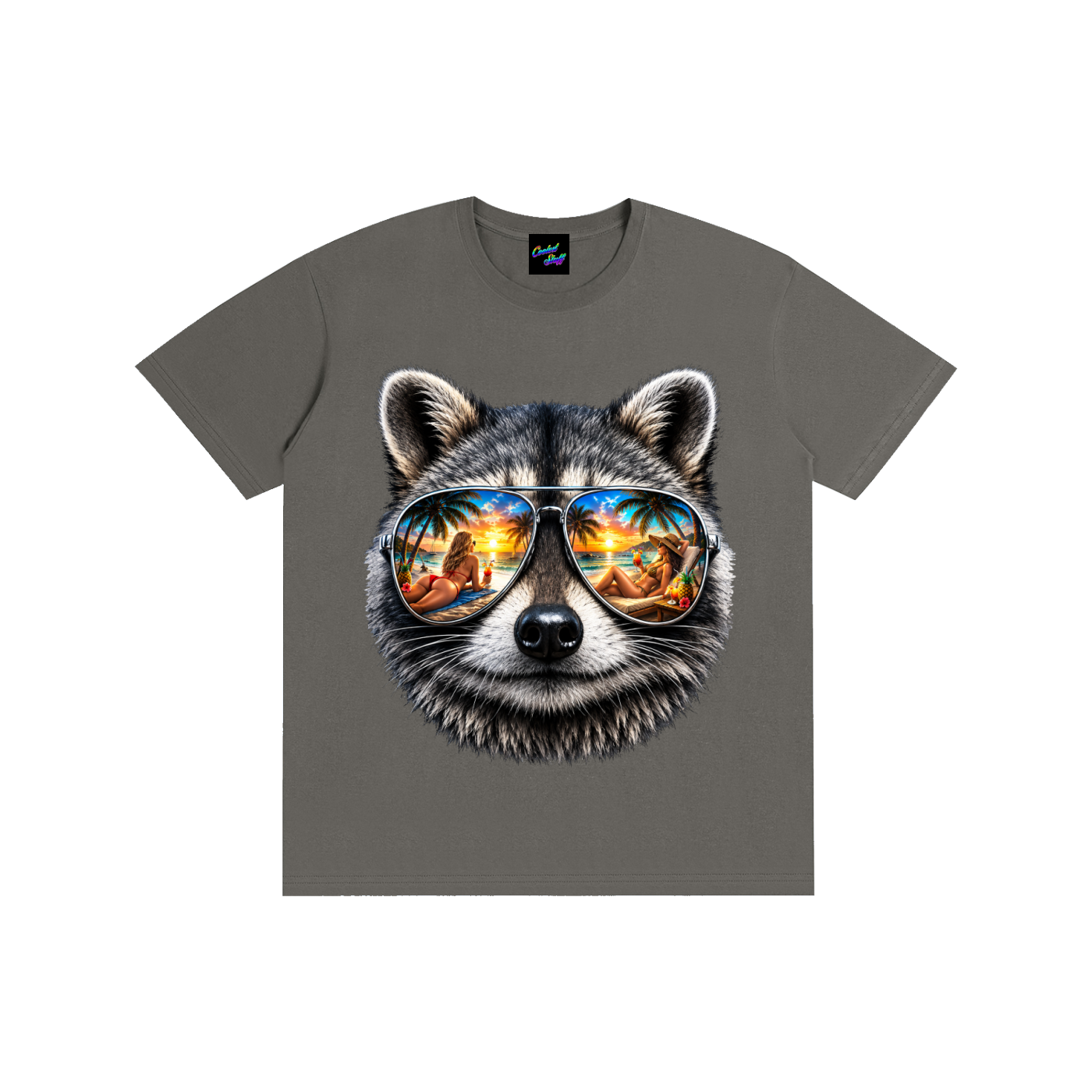 coolest,stuff,raccoon,shirt,tshirt,tee,graphic,tropical,summer,vacation,beach,vibes,mirrored,sunglasses,aviator,palm,tree,sunset,reflection,cocktail,island,life,ocean,lover,apparel,holiday,aesthetic,pardise,resort,wear,gift,colourful,unisex,outfit,fashion,seaside,exotic,lifestyle,animal