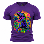 coolest,stuff,tshirt,shirt,tee,unisex,fashion,gift,bold,graphic,apparel,streetwear,casual,dinosaur,tyrannosaurus,prehistoric,predator,carnivore,roaring,teeth,claws,scales,jungle,tropical,palms,foliage,monstera,sun,neon,psychedelic,vaporwave,retro,magenta,cyan,orange,colorful,vibrant,fantasy,comic,illustration,purple