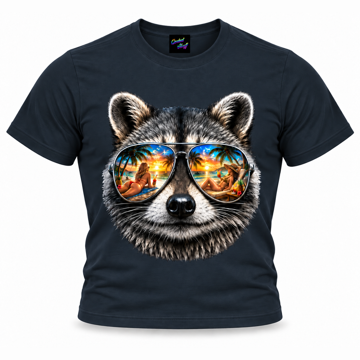 coolest,stuff,tshirt,shirt,tee,unisex,fashion,gift,graphic,apparel,streetwear,casual,clothing,outfit,trendy,raccoon,sunglasses,aviator,mirrored,reflection,beach,sunset,tropical,palms,ocean,summer,vacation,paradise,island,coastal,relaxation,cocktails,pineapple,bikini,sunbathing,women,sand,animal,wildlife,portrait,realistic,detailed,cool,playful,navy