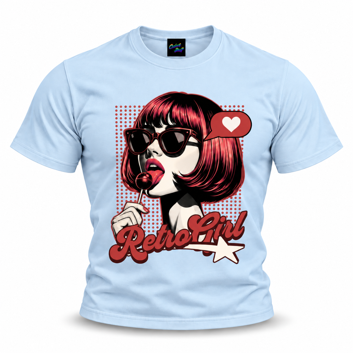coolest,stuff,tshirt,shirt,tee,unisex,fashion,gift,graphic,apparel,streetwear,casual,clothing,outfit,trendy,retro,girl,popart,vintage,pinup,sunglasses,lollipop,candy,heart,love,star,halftone,dots,bob,bangs,lipstick,portrait,comic,illustration,typography,script,playful,sassy,glamour,nostalgia,rockabilly,blue
