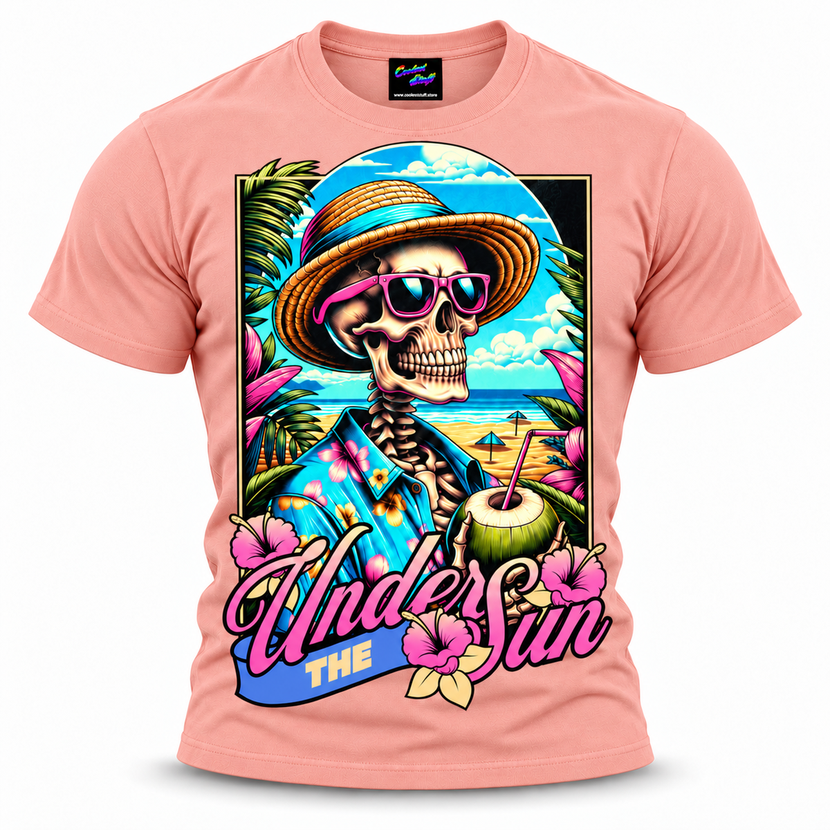 coolest,stuff,tshirt,shirt,tee,unisex,fashion,gift,bold,graphic,apparel,streetwear,casual,clothing,trendy,skeleton,skull,summer,beach,tropical,vacation,sun,sunglasses,coconut,drink,straw,hat,hawaiian,hibiscus,floral,palms,ocean,sand,island,paradise,relaxation,retro,vintage,colorful,turquoise,humor,holiday,coastal,cartoon,illustration,typography,pink