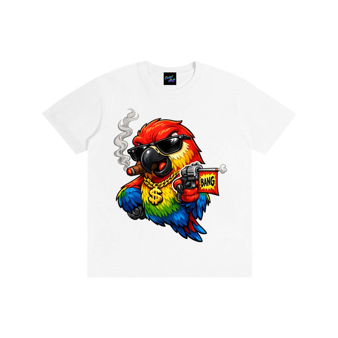 rainbow,parrot,shirt,ganster,funny,bird,tee,cartoon,colourful,animal,lover,comic,style,bang,flag,desing,toy,gun,cigar,streetwear,graphic,urban,fashion,tropical,macaw,gift,art,vibrant,cool,cooleststuff,festival,clothing,humorous,apparel