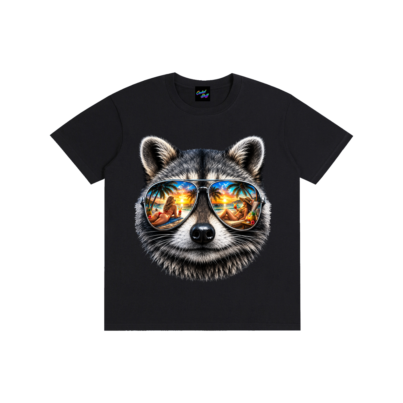 coolest,stuff,raccoon,shirt,tshirt,tee,graphic,tropical,summer,vacation,beach,vibes,mirrored,sunglasses,aviator,palm,tree,sunset,reflection,cocktail,island,life,ocean,lover,apparel,holiday,aesthetic,pardise,resort,wear,gift,colourful,unisex,outfit,fashion,seaside,exotic,lifestyle,animal