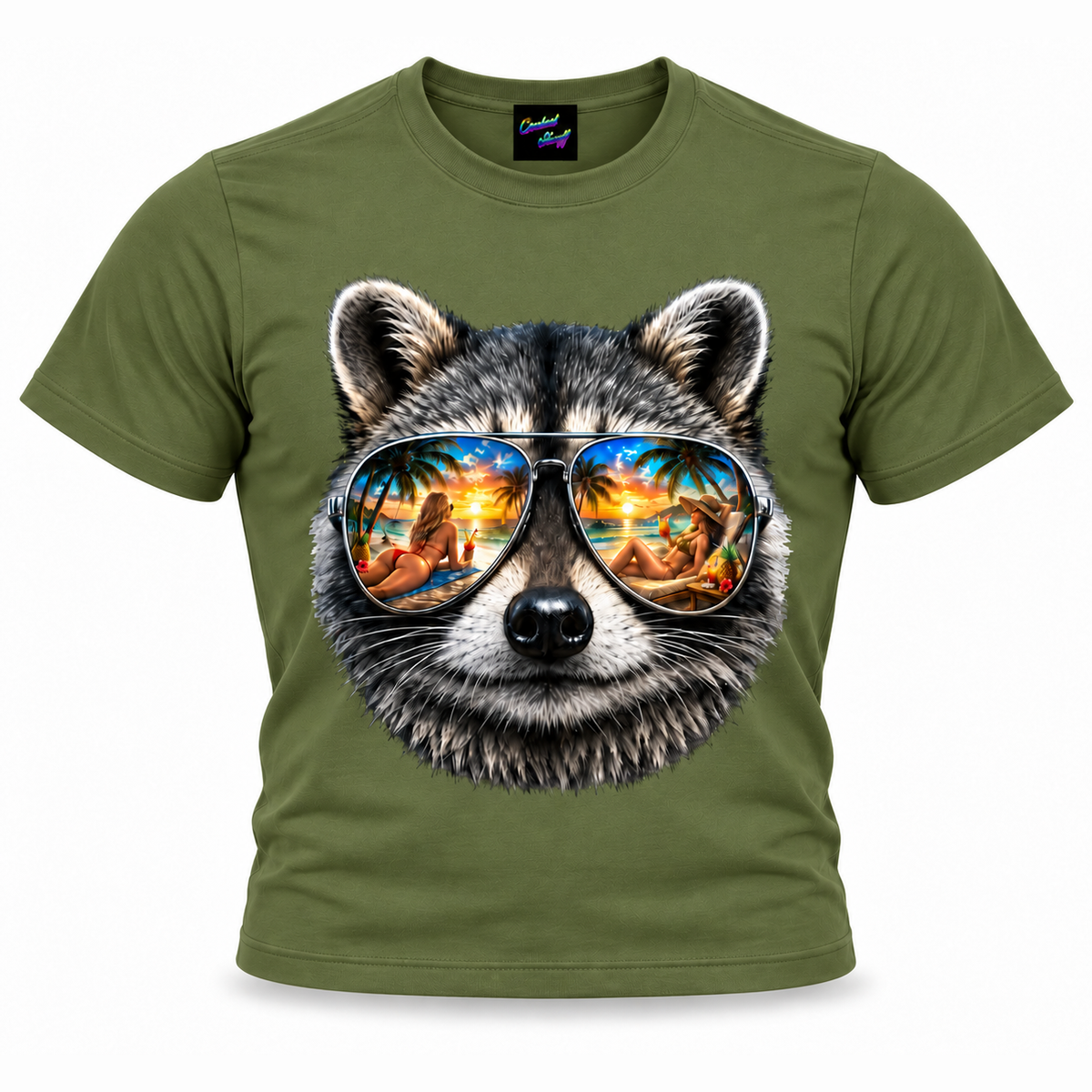 coolest,stuff,tshirt,shirt,tee,unisex,fashion,gift,graphic,apparel,streetwear,casual,clothing,outfit,trendy,raccoon,sunglasses,aviator,mirrored,reflection,beach,sunset,tropical,palms,ocean,summer,vacation,paradise,island,coastal,relaxation,cocktails,pineapple,bikini,sunbathing,women,sand,animal,wildlife,portrait,realistic,detailed,cool,playful,green
