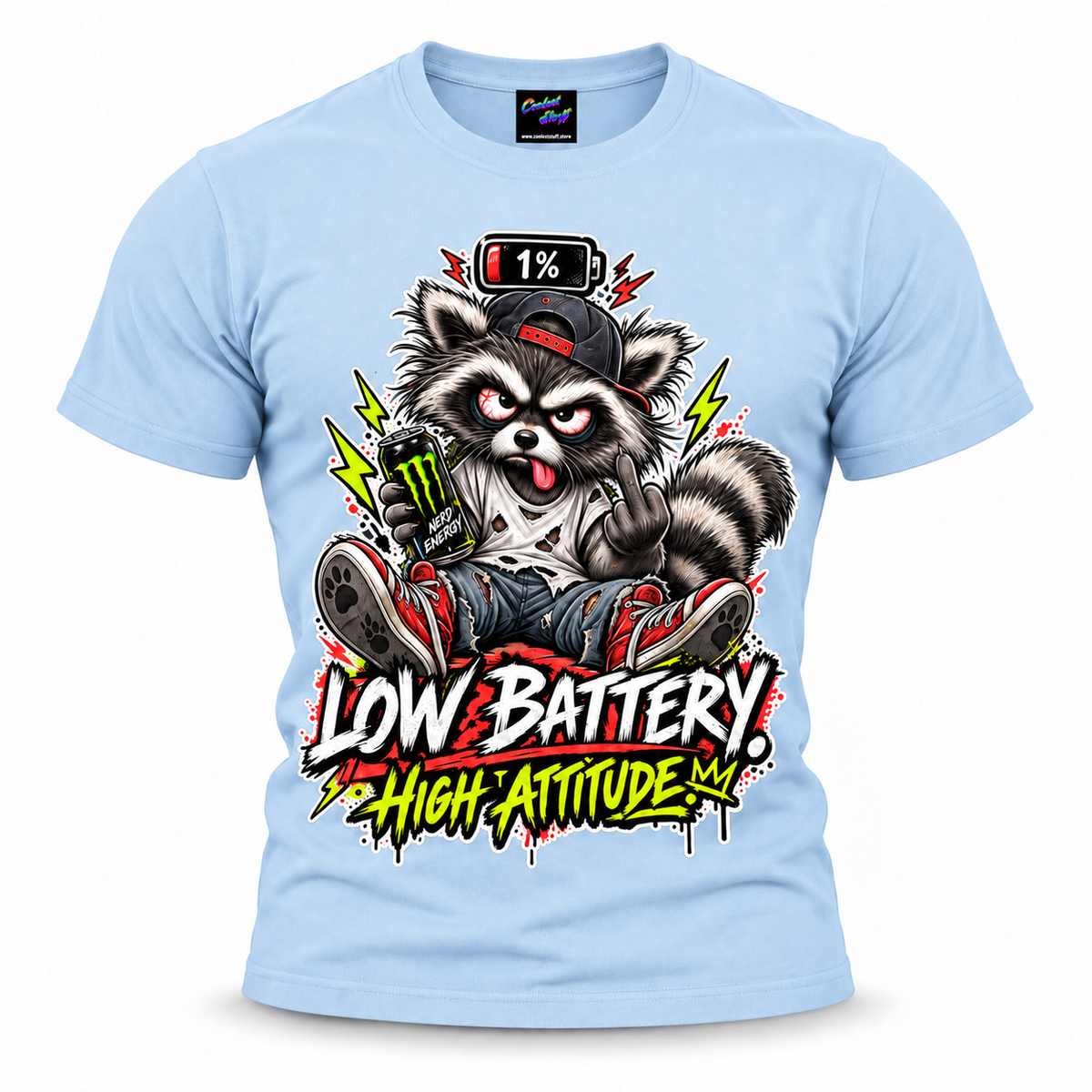 coolest,stuff,tshirt,shirt,tee,unisex,fashion,gift,bold,graphic,apparel,streetwear,casual,raccoon,battery,attitude,low,high,tired,exhausted,sarcasm,humor,rebellious,grumpy,caffeine,energy,drink,burnout,sassy,rude,sneakers,cap,denim,ripped,cartoon,graffiti,grunge,lightning,neon,novelty,blue