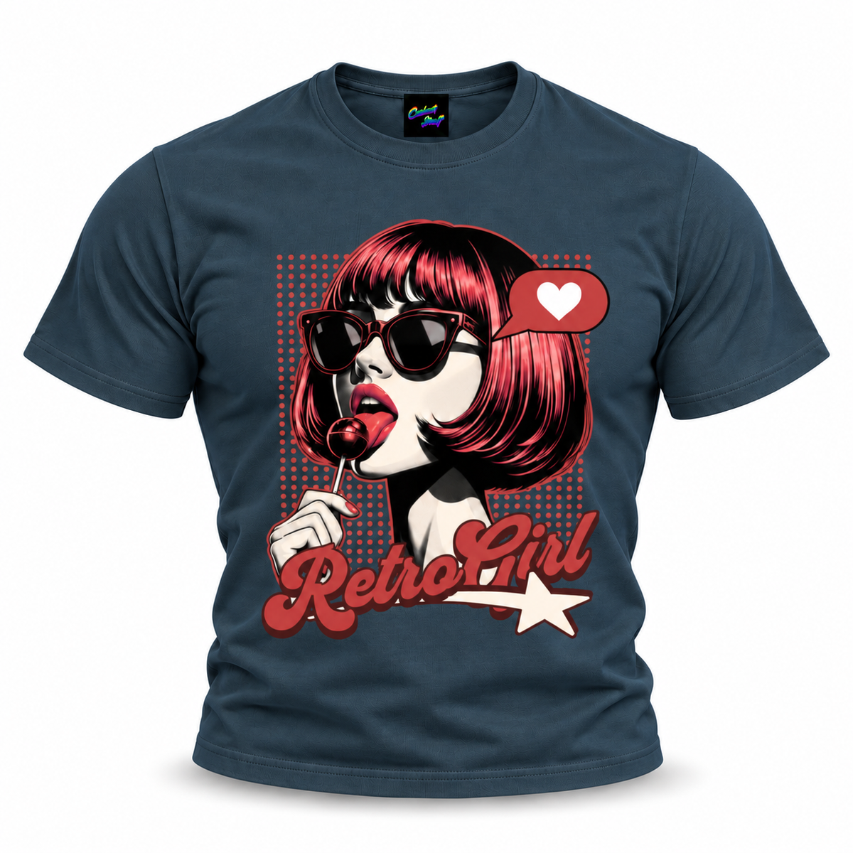 coolest,stuff,tshirt,shirt,tee,unisex,fashion,gift,graphic,apparel,streetwear,casual,clothing,outfit,trendy,retro,girl,popart,vintage,pinup,sunglasses,lollipop,candy,heart,love,star,halftone,dots,bob,bangs,lipstick,portrait,comic,illustration,typography,script,playful,sassy,glamour,nostalgia,rockabilly,navy