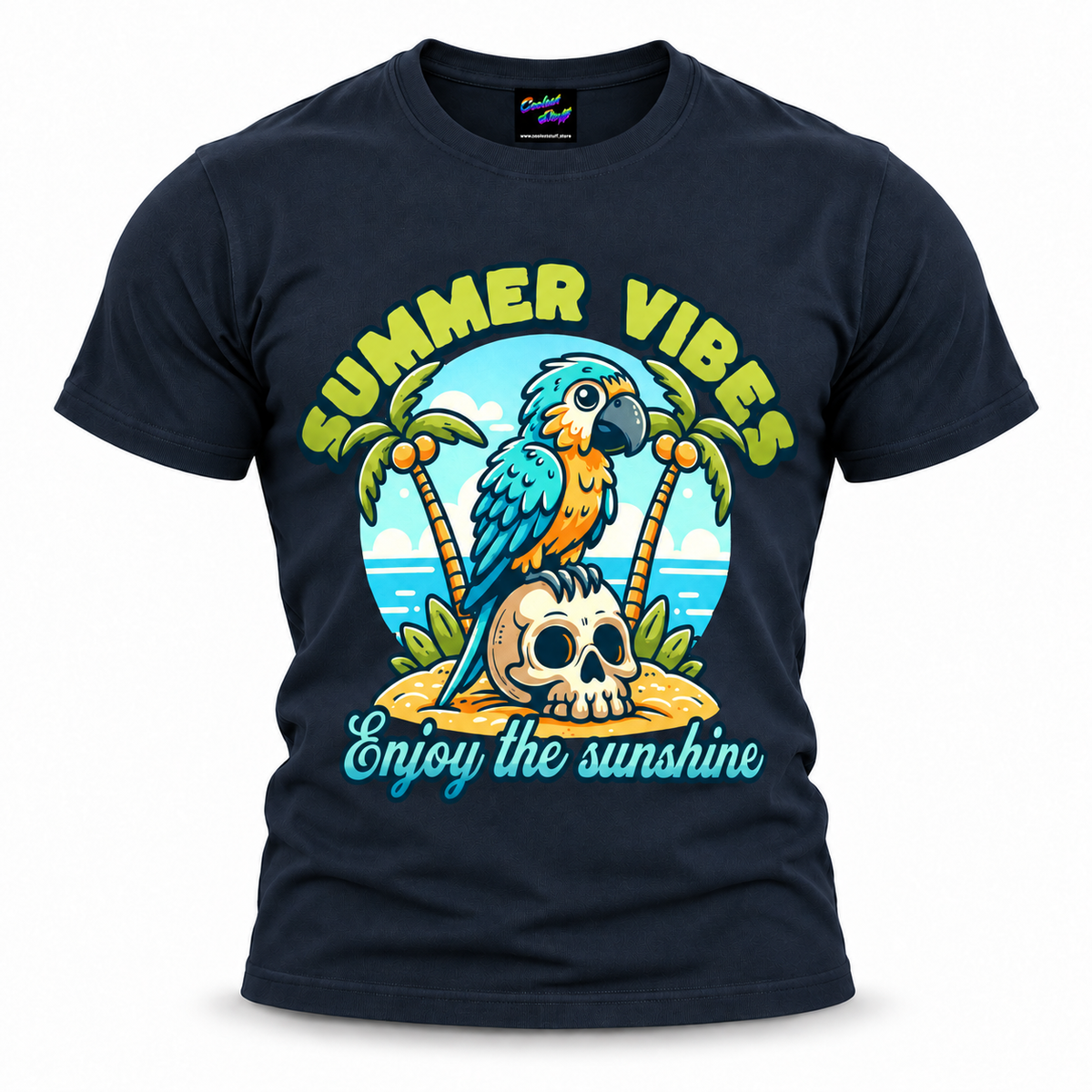 coolest,stuff,tshirt,shirt,tee,unisex,fashion,gift,bold,graphic,apparel,streetwear,casual,clothing,outfit,trendy,parrot,macaw,skull,pirate,tropical,summer,vibes,sunshine,beach,island,palms,coconuts,ocean,sand,vacation,holiday,paradise,coastal,bird,feathers,cartoon,cute,playful,retro,typography,script,darkblue
