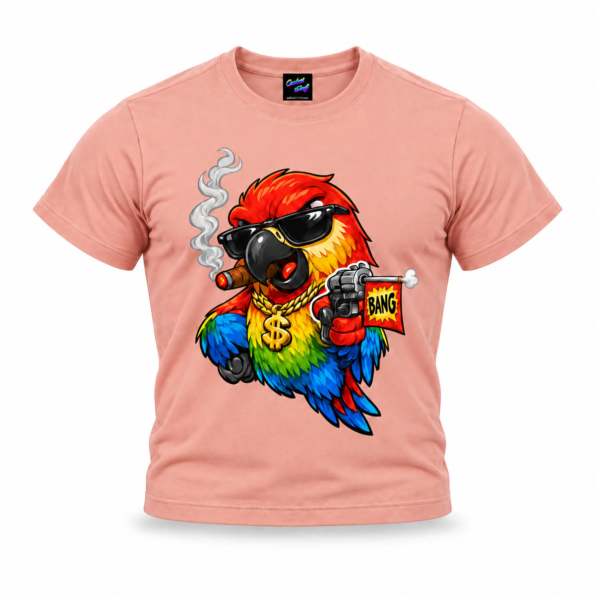 coolest,stuff,tshirt,shirt,tee,unisex,fashion,gift,graphic,apparel,streetwear,casual,clothing,outfit,trendy,parrot,macaw,bird,gangster,sunglasses,cigar,smoke,gold,chain,dollar,bling,swagger,attitude,humor,cartoon,comic,bang,flag,prank,toy,revolver,feathers,tropical,colourful,bold,illustration,pink