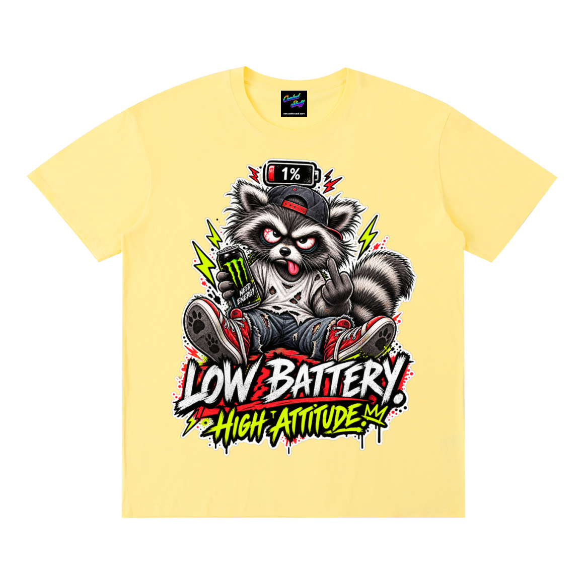 cooleststuff,low,battery,tshirt,shirt,tee,outfit,high,attitude,raccoon,funny,graphic,sarcastic,tired,social,caffeine,energy,drink,animal,gift,streetwear,graffiti,exhausted,introvert,gamer,meme,unisex,cool,edgy,viral