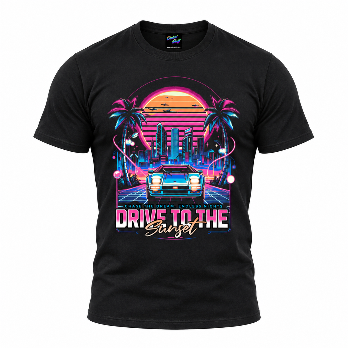 Drive to the Sunset Synthwave T-Shirt – Retro Neon Car Graphic Tee