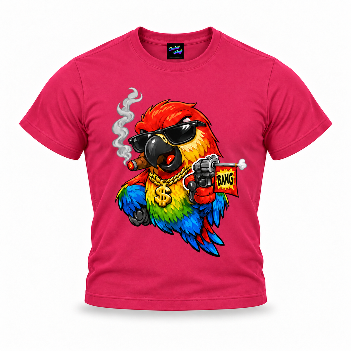 coolest,stuff,tshirt,shirt,tee,unisex,fashion,gift,graphic,apparel,streetwear,casual,clothing,outfit,trendy,parrot,macaw,bird,gangster,sunglasses,cigar,smoke,gold,chain,dollar,bling,swagger,attitude,humor,cartoon,comic,bang,flag,prank,toy,revolver,feathers,tropical,colourful,bold,illustration,rosepink