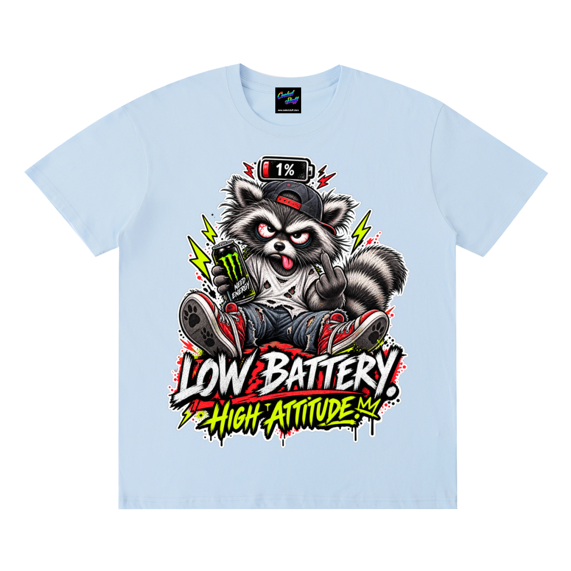 cooleststuff,low,battery,tshirt,shirt,tee,outfit,high,attitude,raccoon,funny,graphic,sarcastic,tired,social,caffeine,energy,drink,animal,gift,streetwear,graffiti,exhausted,introvert,gamer,meme,unisex,cool,edgy,viral