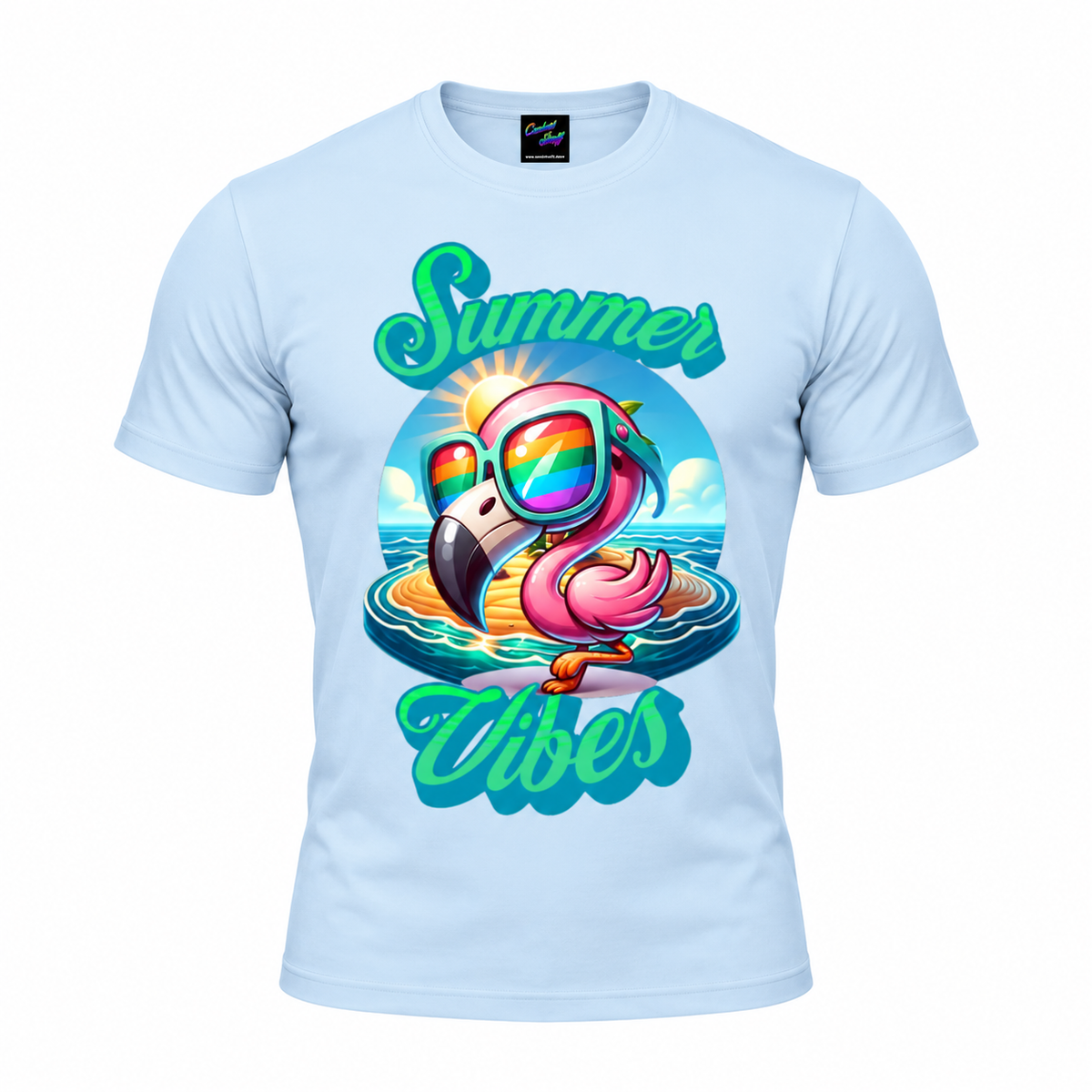 Summer Vibes Flamingo T-Shirt | Cute Pink Flamingo with Rainbow Sunglasses | Tropical Beach Vacation Graphic Tee