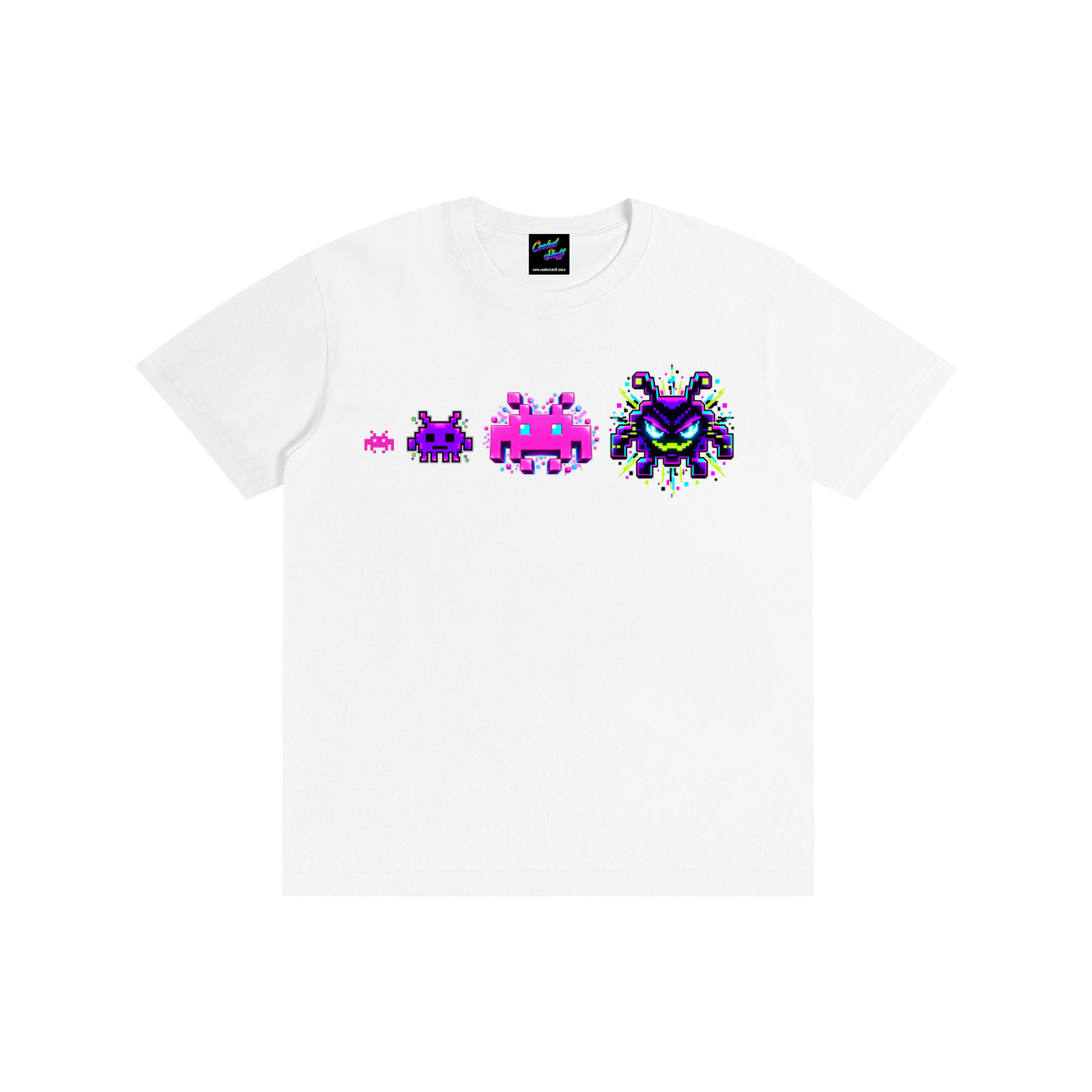 pixel,alien,tshirt,retro,gmaing,tee,arcade,game,shirt,8bit,ecolution,neon,gamer,design,space,invaders,art,clothing,gift,video,apparel,geek,merchandise