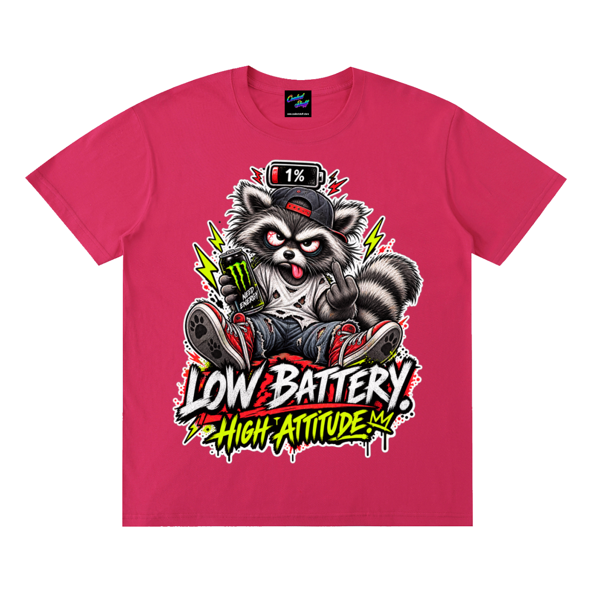 cooleststuff,low,battery,tshirt,shirt,tee,outfit,high,attitude,raccoon,funny,graphic,sarcastic,tired,social,caffeine,energy,drink,animal,gift,streetwear,graffiti,exhausted,introvert,gamer,meme,unisex,cool,edgy,viral