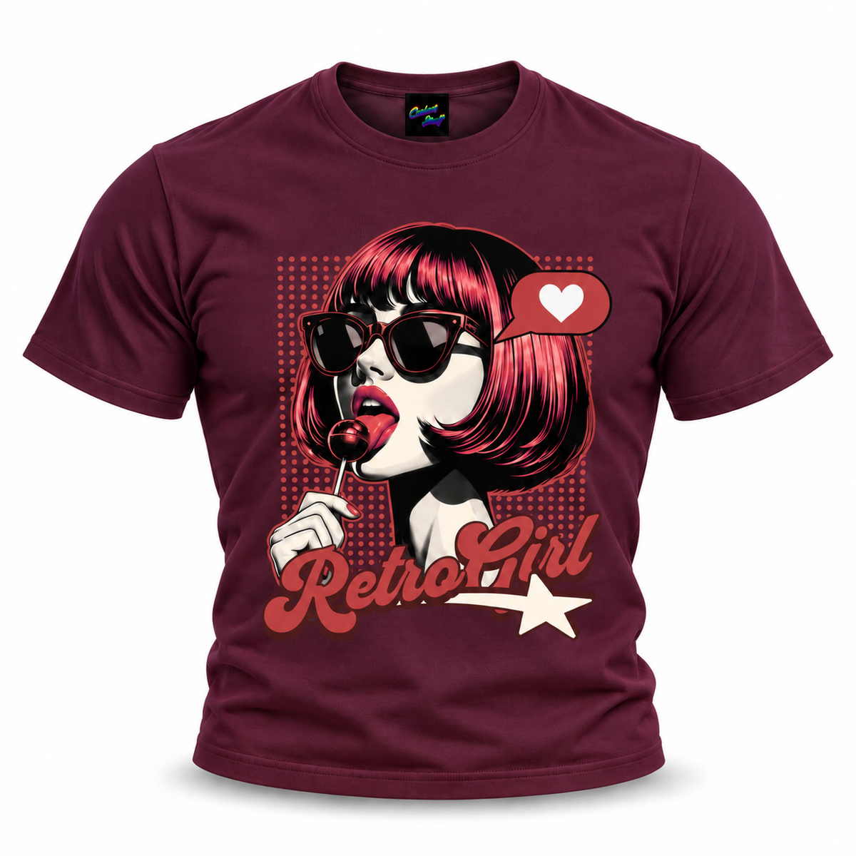 coolest,stuff,tshirt,shirt,tee,unisex,fashion,gift,graphic,apparel,streetwear,casual,clothing,outfit,trendy,retro,girl,popart,vintage,pinup,sunglasses,lollipop,candy,heart,love,star,halftone,dots,bob,bangs,lipstick,portrait,comic,illustration,typography,script,playful,sassy,glamour,nostalgia,rockabilly,purple