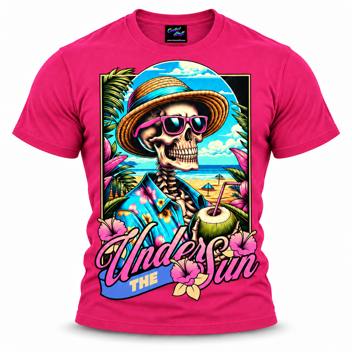 coolest,stuff,tshirt,shirt,tee,unisex,fashion,gift,bold,graphic,apparel,streetwear,casual,clothing,trendy,skeleton,skull,summer,beach,tropical,vacation,sun,sunglasses,coconut,drink,straw,hat,hawaiian,hibiscus,floral,palms,ocean,sand,island,paradise,relaxation,retro,vintage,colorful,turquoise,humor,holiday,coastal,cartoon,illustration,typography,rosepink