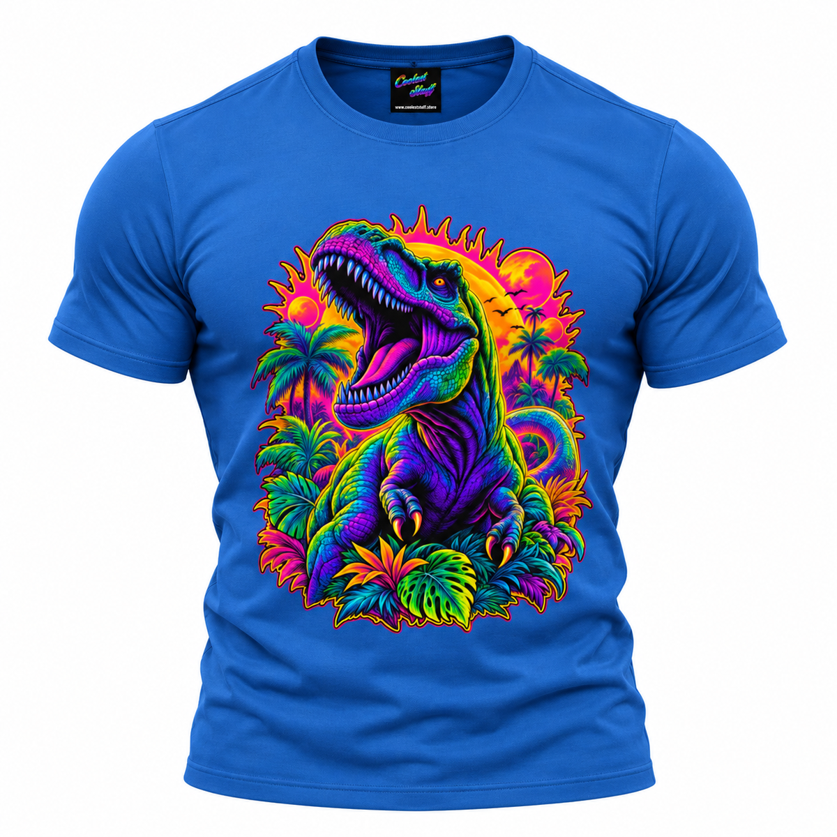 Neon T-Rex Jungle T-Shirt – Psychedelic Dinosaur Graphic Tee | Retro Tropical Streetwear