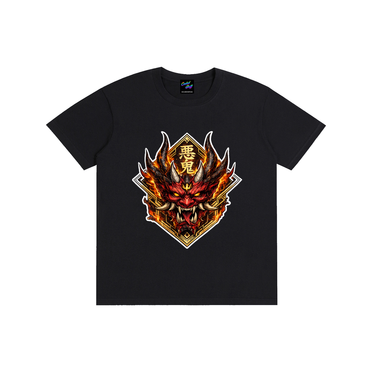 Japanese,oni,mask,demon,tshirt,samurai,shirt,graphic,tee,mythology,clothing,fire,artwork,red,streetwear,anime,dark,fantasy,horned,culture,alternative,tattoo,warrior,aesthetic,manga,gothic,asian,coolest,stuff
