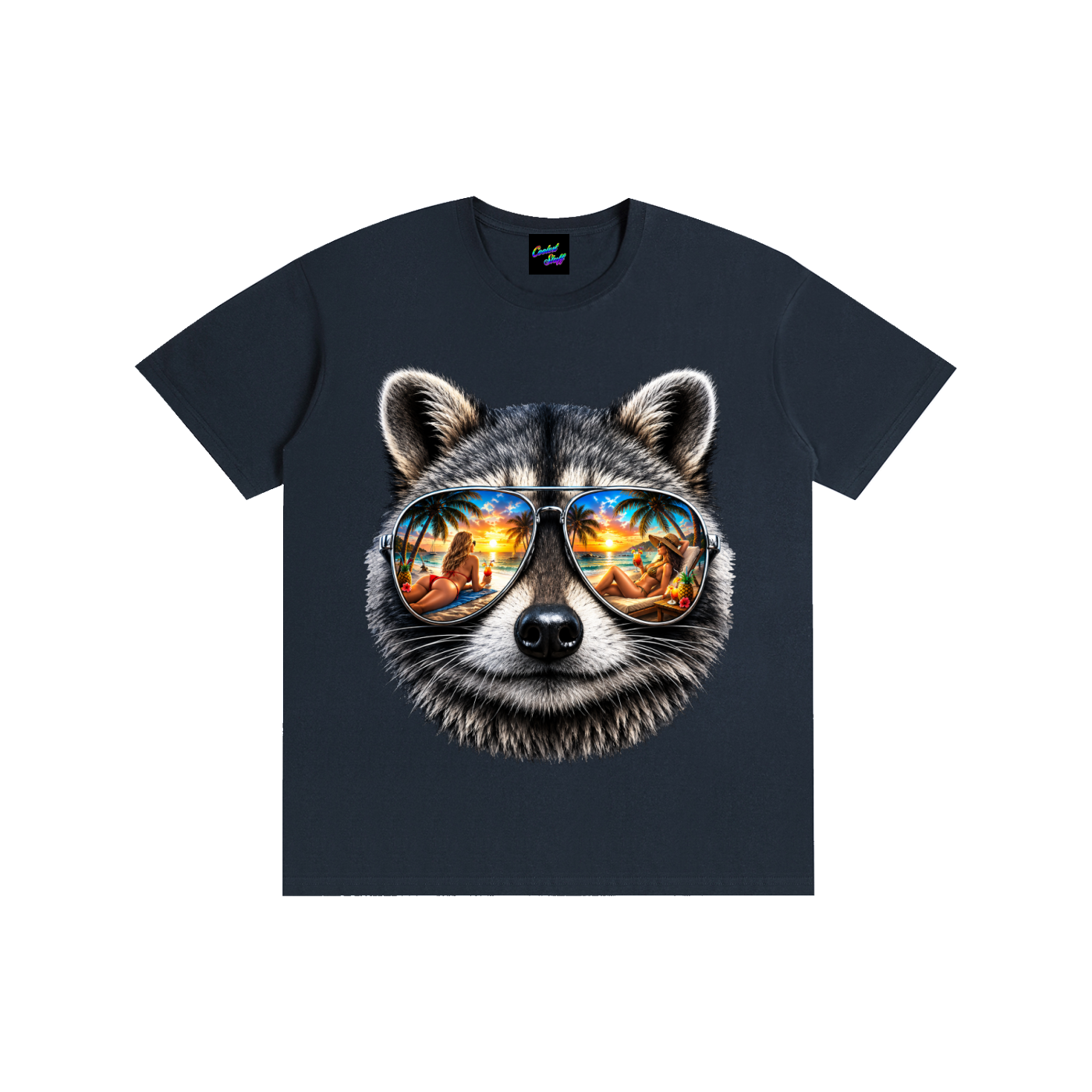 coolest,stuff,raccoon,shirt,tshirt,tee,graphic,tropical,summer,vacation,beach,vibes,mirrored,sunglasses,aviator,palm,tree,sunset,reflection,cocktail,island,life,ocean,lover,apparel,holiday,aesthetic,pardise,resort,wear,gift,colourful,unisex,outfit,fashion,seaside,exotic,lifestyle,animal