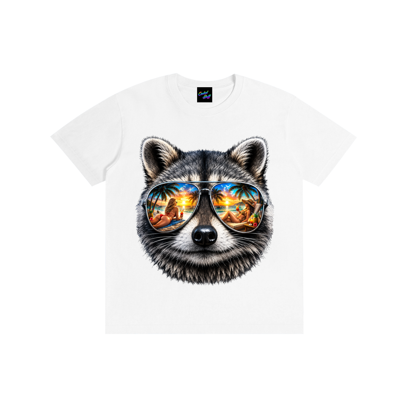 coolest,stuff,raccoon,shirt,tshirt,tee,graphic,tropical,summer,vacation,beach,vibes,mirrored,sunglasses,aviator,palm,tree,sunset,reflection,cocktail,island,life,ocean,lover,apparel,holiday,aesthetic,pardise,resort,wear,gift,colourful,unisex,outfit,fashion,seaside,exotic,lifestyle,animal