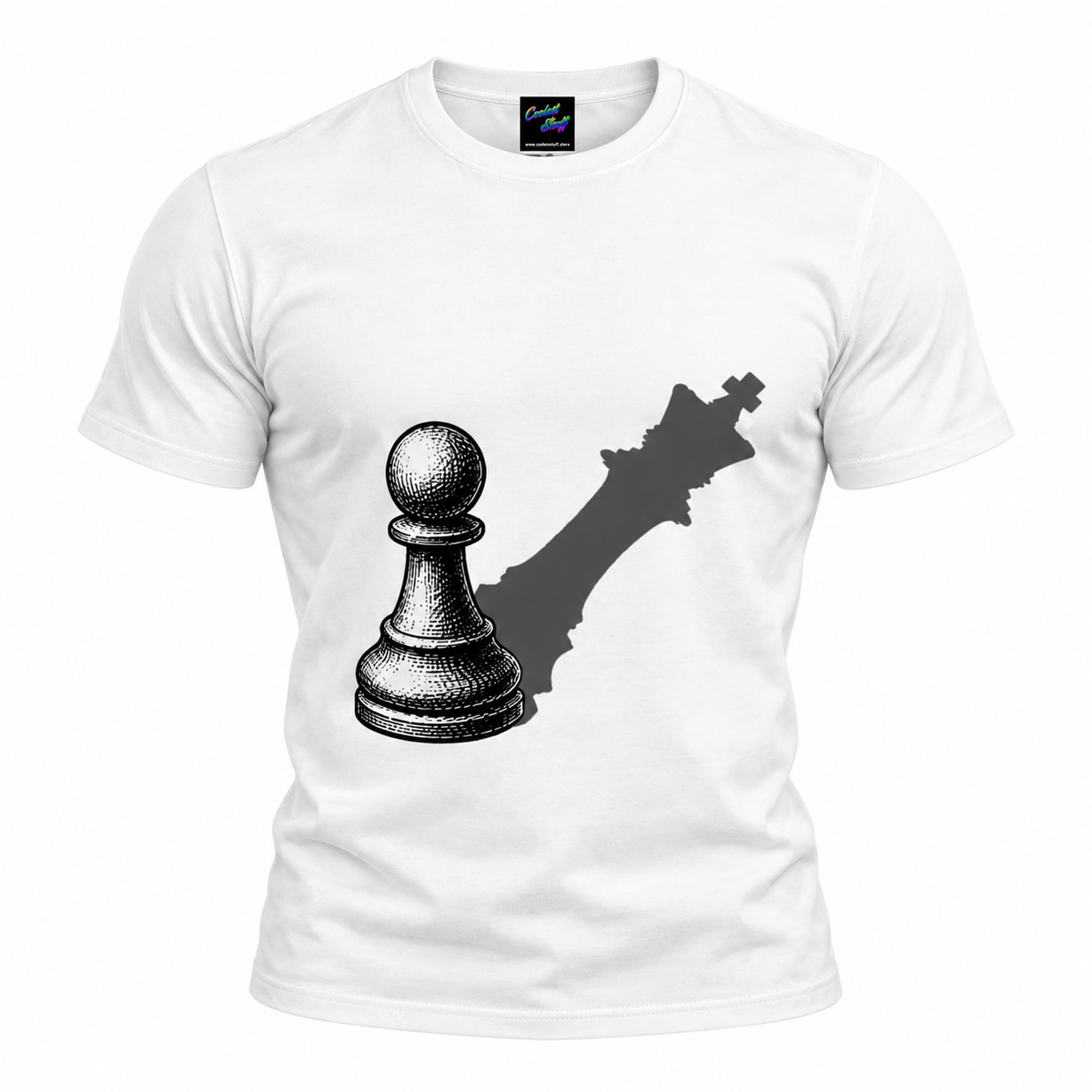 coolest,stuff,tshirt,shirt,tee,unisex,fashion,gift,graphic,apparel,streetwear,casual,clothing,outfit,trendy,chess,pawn,king,shadow,strategy,ambition,potential,leadership,confidence,motivation,growth,transformation,determination,vision,mindset,success,resilience,power,aspiration,belief,mastery,intellect,tactics,endgame,silhouette,monochrome,black,grey,minimalist,symbolism,white