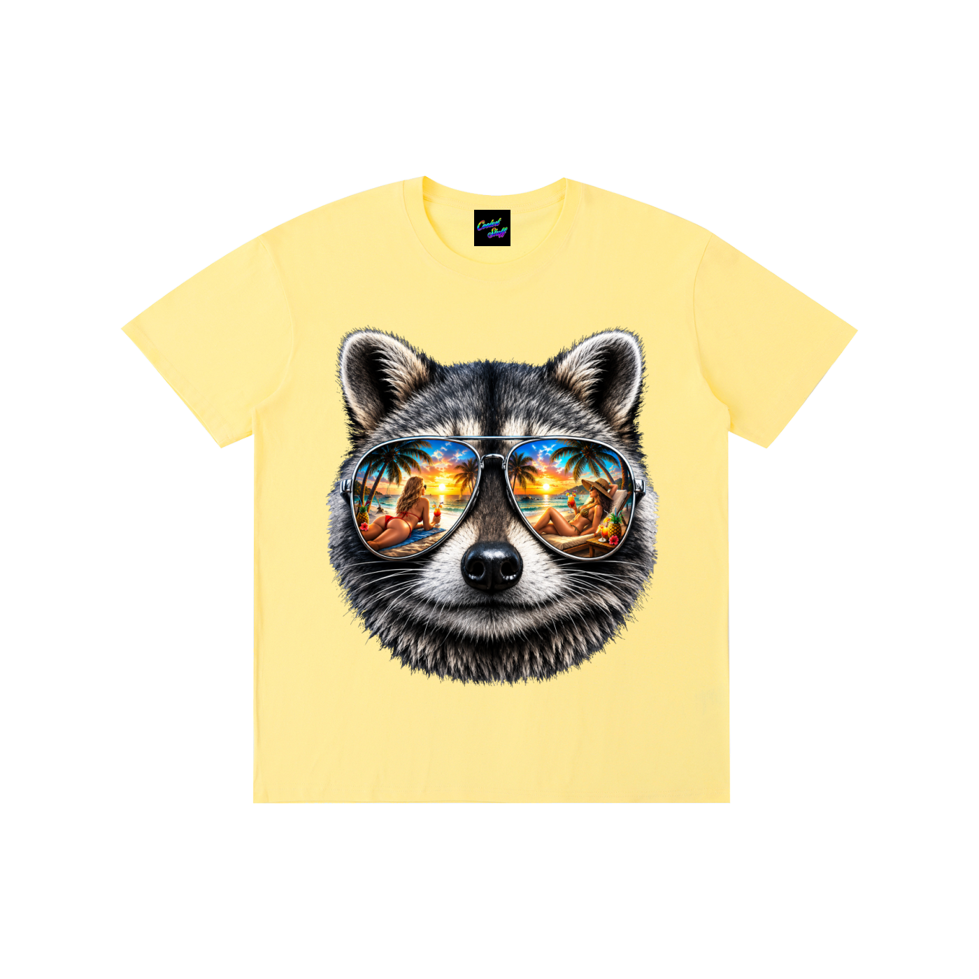 coolest,stuff,raccoon,shirt,tshirt,tee,graphic,tropical,summer,vacation,beach,vibes,mirrored,sunglasses,aviator,palm,tree,sunset,reflection,cocktail,island,life,ocean,lover,apparel,holiday,aesthetic,pardise,resort,wear,gift,colourful,unisex,outfit,fashion,seaside,exotic,lifestyle,animal