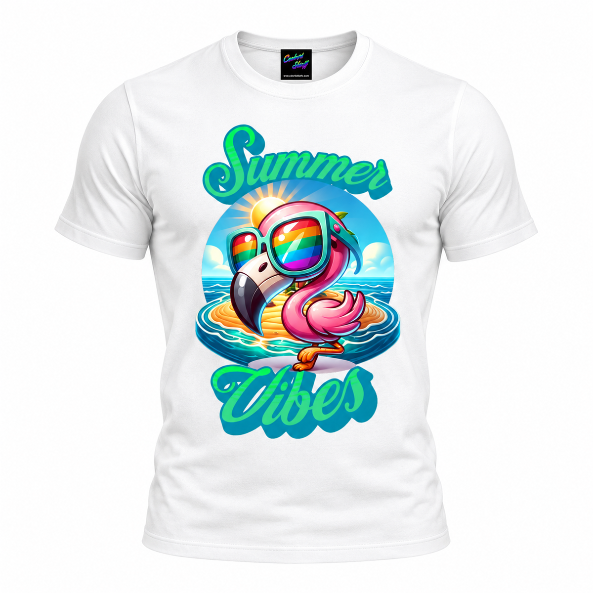 Summer Vibes Flamingo T-Shirt | Cute Pink Flamingo with Rainbow Sunglasses | Tropical Beach Vacation Graphic Tee
