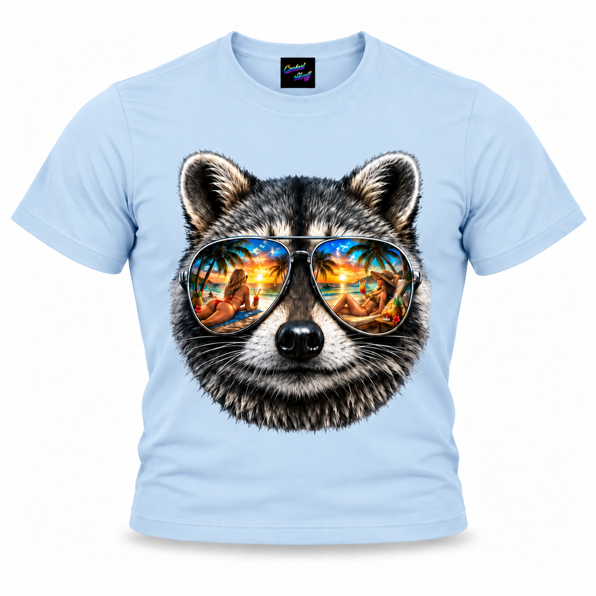coolest,stuff,tshirt,shirt,tee,unisex,fashion,gift,graphic,apparel,streetwear,casual,clothing,outfit,trendy,raccoon,sunglasses,aviator,mirrored,reflection,beach,sunset,tropical,palms,ocean,summer,vacation,paradise,island,coastal,relaxation,cocktails,pineapple,bikini,sunbathing,women,sand,animal,wildlife,portrait,realistic,detailed,cool,playful,blue