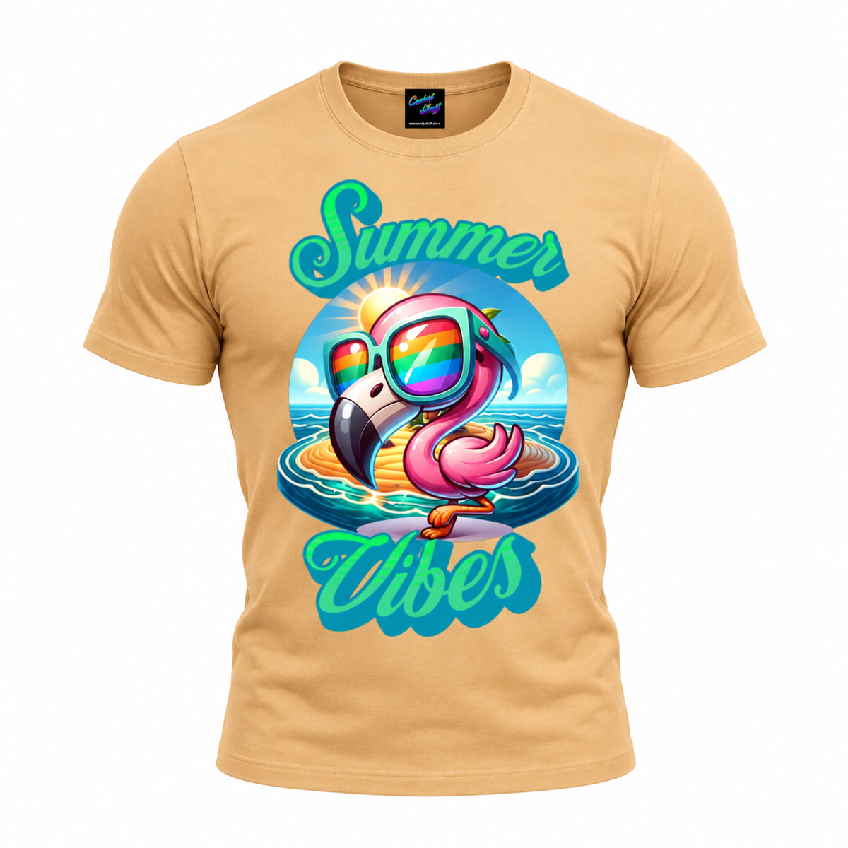 Summer Vibes Flamingo T-Shirt | Cute Pink Flamingo with Rainbow Sunglasses | Tropical Beach Vacation Graphic Tee