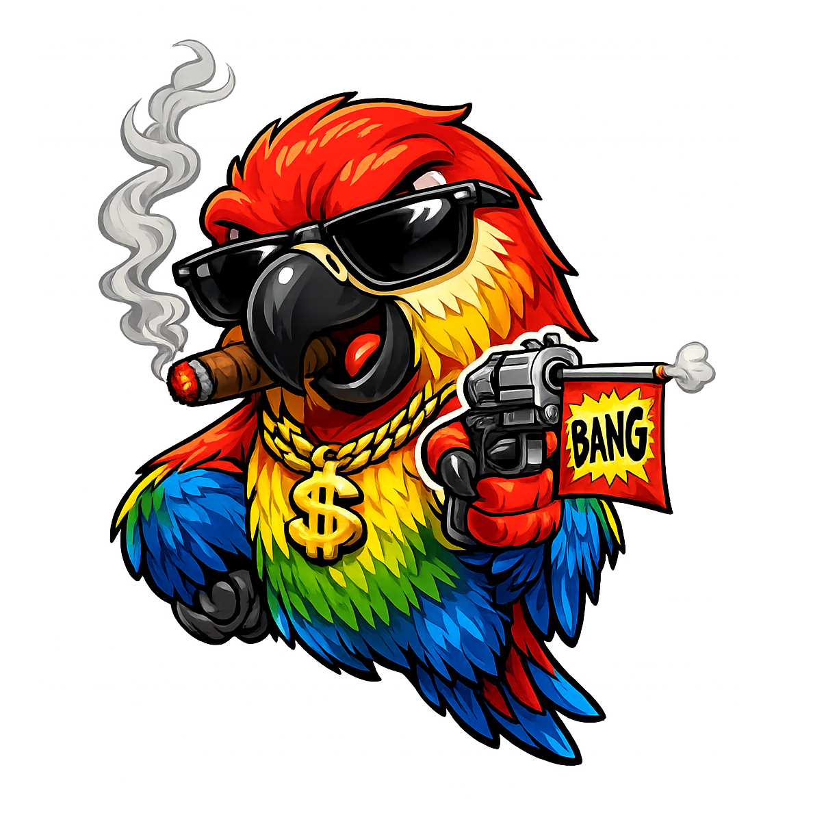Gangster Rainbow Parrot Cartoon T-Shirt | Funny Bird Graphic Tee with BANG Toy Gun | Colourful Streetwear Design