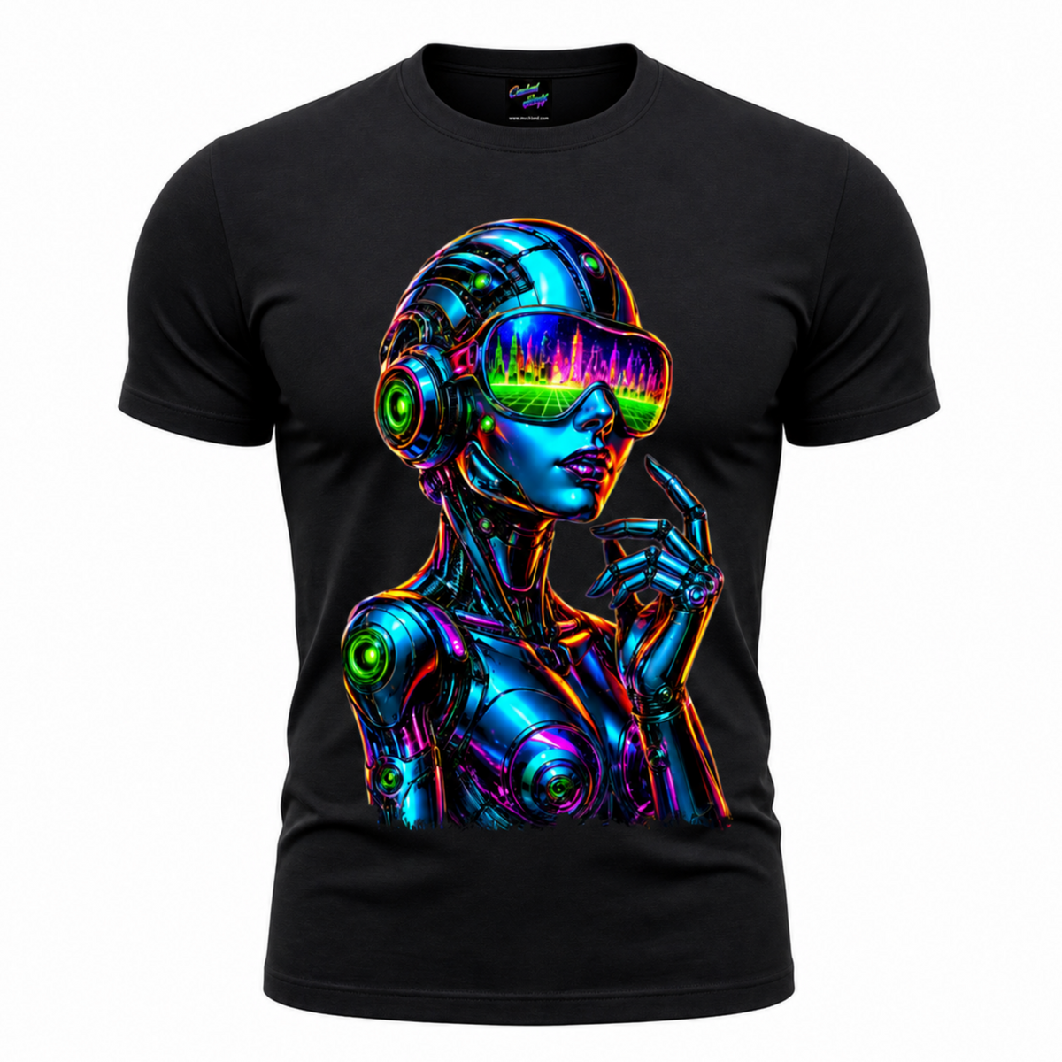 Neon Cyber Girl Android T-Shirt – Futuristic Robot Graphic Tee