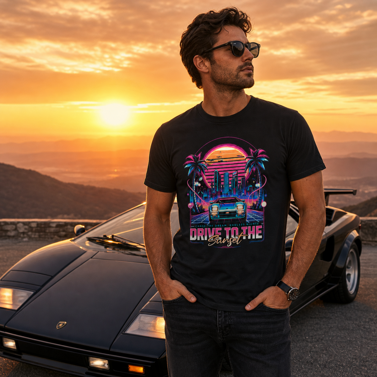 Drive to the Sunset Synthwave T-Shirt – Retro Neon Car Graphic Tee