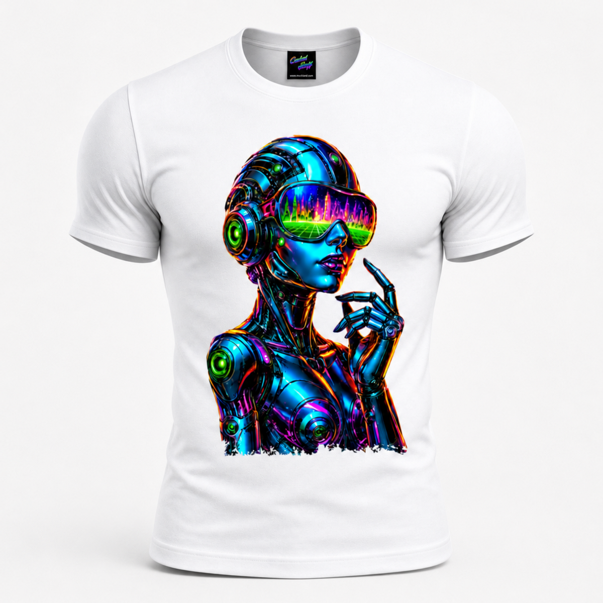 Neon Cyber Girl Android T-Shirt – Futuristic Robot Graphic Tee