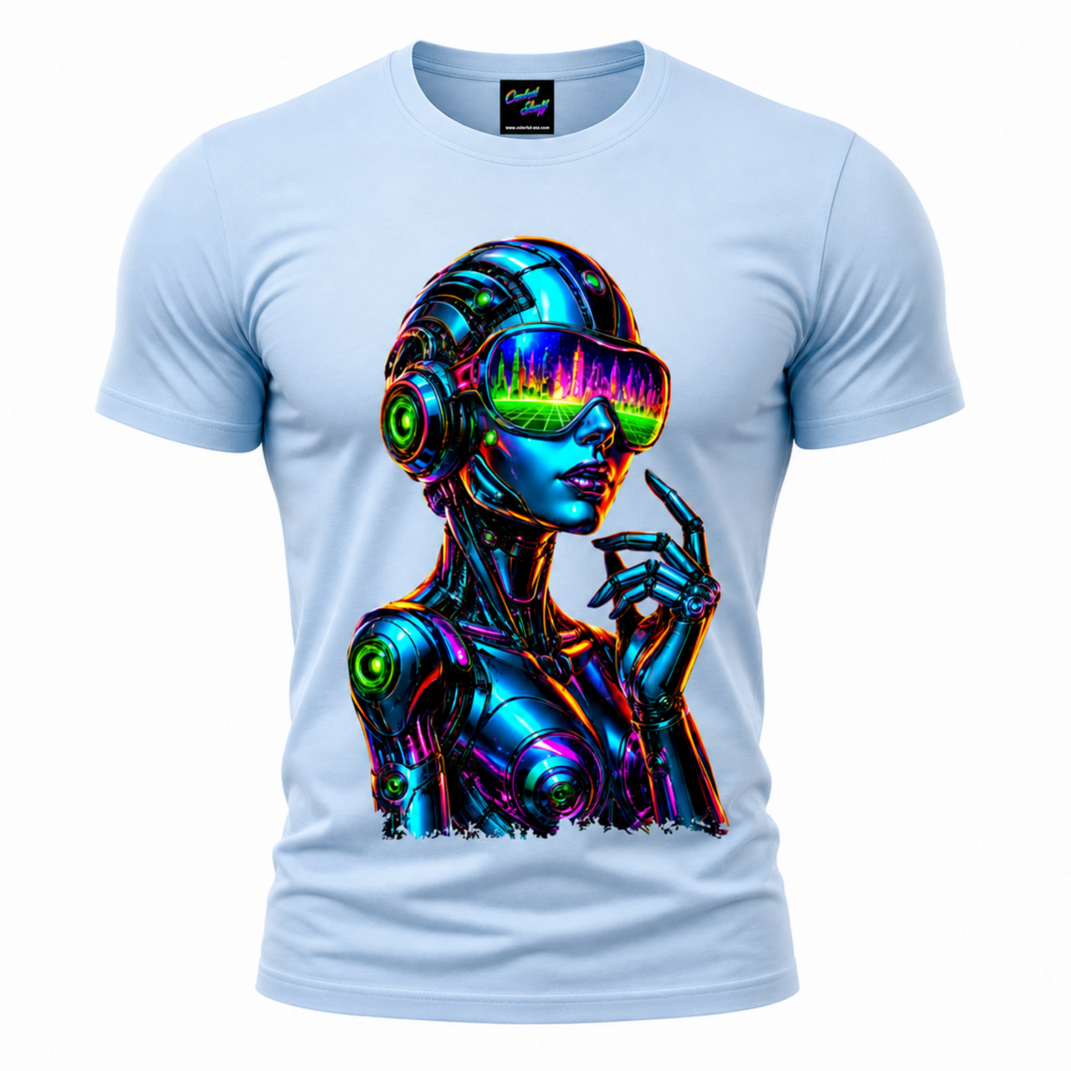 Neon Cyber Girl Android T-Shirt – Futuristic Robot Graphic Tee