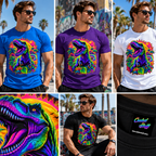 coolest,stuff,tshirt,shirt,tee,unisex,fashion,gift,bold,graphic,apparel,streetwear,casual,dinosaur,tyrannosaurus,prehistoric,predator,carnivore,roaring,teeth,claws,scales,jungle,tropical,palms,foliage,monstera,sun,neon,psychedelic,vaporwave,retro,magenta,cyan,orange,colorful,vibrant,fantasy,comic,illustration,collage,mockup