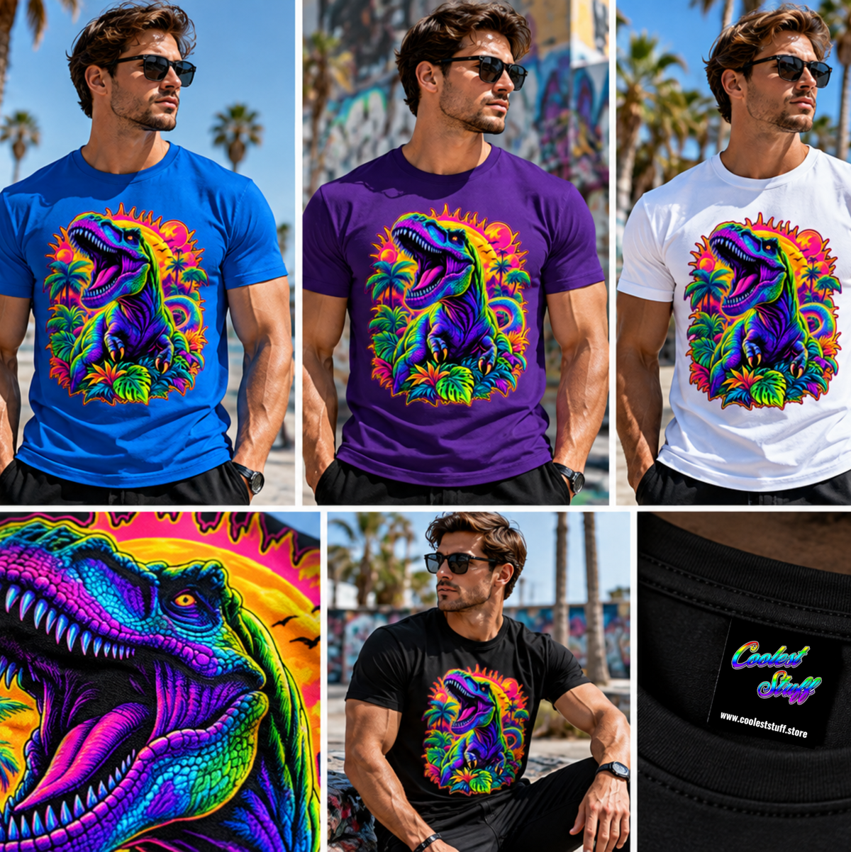 coolest,stuff,tshirt,shirt,tee,unisex,fashion,gift,bold,graphic,apparel,streetwear,casual,dinosaur,tyrannosaurus,prehistoric,predator,carnivore,roaring,teeth,claws,scales,jungle,tropical,palms,foliage,monstera,sun,neon,psychedelic,vaporwave,retro,magenta,cyan,orange,colorful,vibrant,fantasy,comic,illustration,collage,mockup