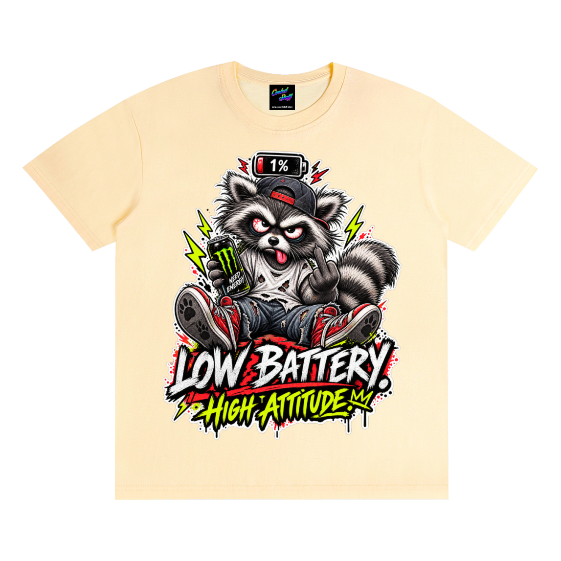 cooleststuff,low,battery,tshirt,shirt,tee,outfit,high,attitude,raccoon,funny,graphic,sarcastic,tired,social,caffeine,energy,drink,animal,gift,streetwear,graffiti,exhausted,introvert,gamer,meme,unisex,cool,edgy,viral