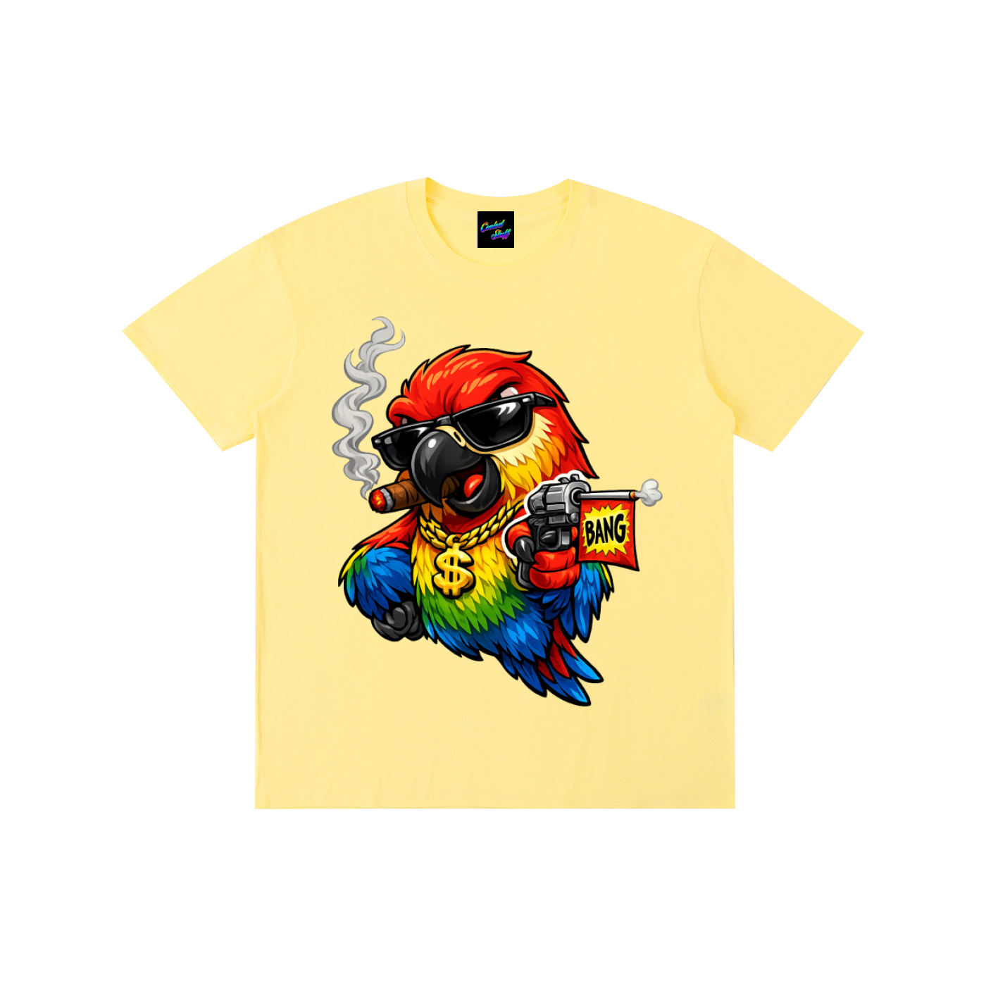 rainbow,parrot,shirt,ganster,funny,bird,tee,cartoon,colourful,animal,lover,comic,style,bang,flag,desing,toy,gun,cigar,streetwear,graphic,urban,fashion,tropical,macaw,gift,art,vibrant,cool,cooleststuff,festival,clothing,humorous,apparel
