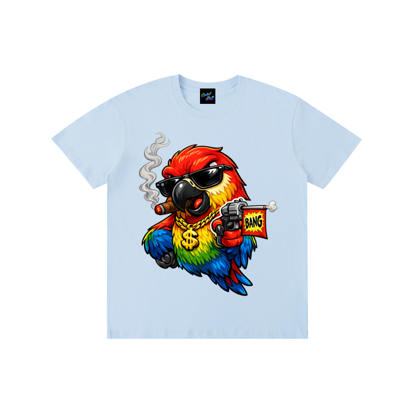 rainbow,parrot,shirt,ganster,funny,bird,tee,cartoon,colourful,animal,lover,comic,style,bang,flag,desing,toy,gun,cigar,streetwear,graphic,urban,fashion,tropical,macaw,gift,art,vibrant,cool,cooleststuff,festival,clothing,humorous,apparel