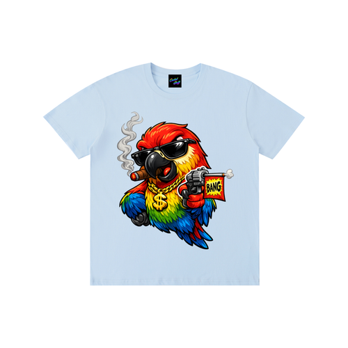 rainbow,parrot,shirt,ganster,funny,bird,tee,cartoon,colourful,animal,lover,comic,style,bang,flag,desing,toy,gun,cigar,streetwear,graphic,urban,fashion,tropical,macaw,gift,art,vibrant,cool,cooleststuff,festival,clothing,humorous,apparel
