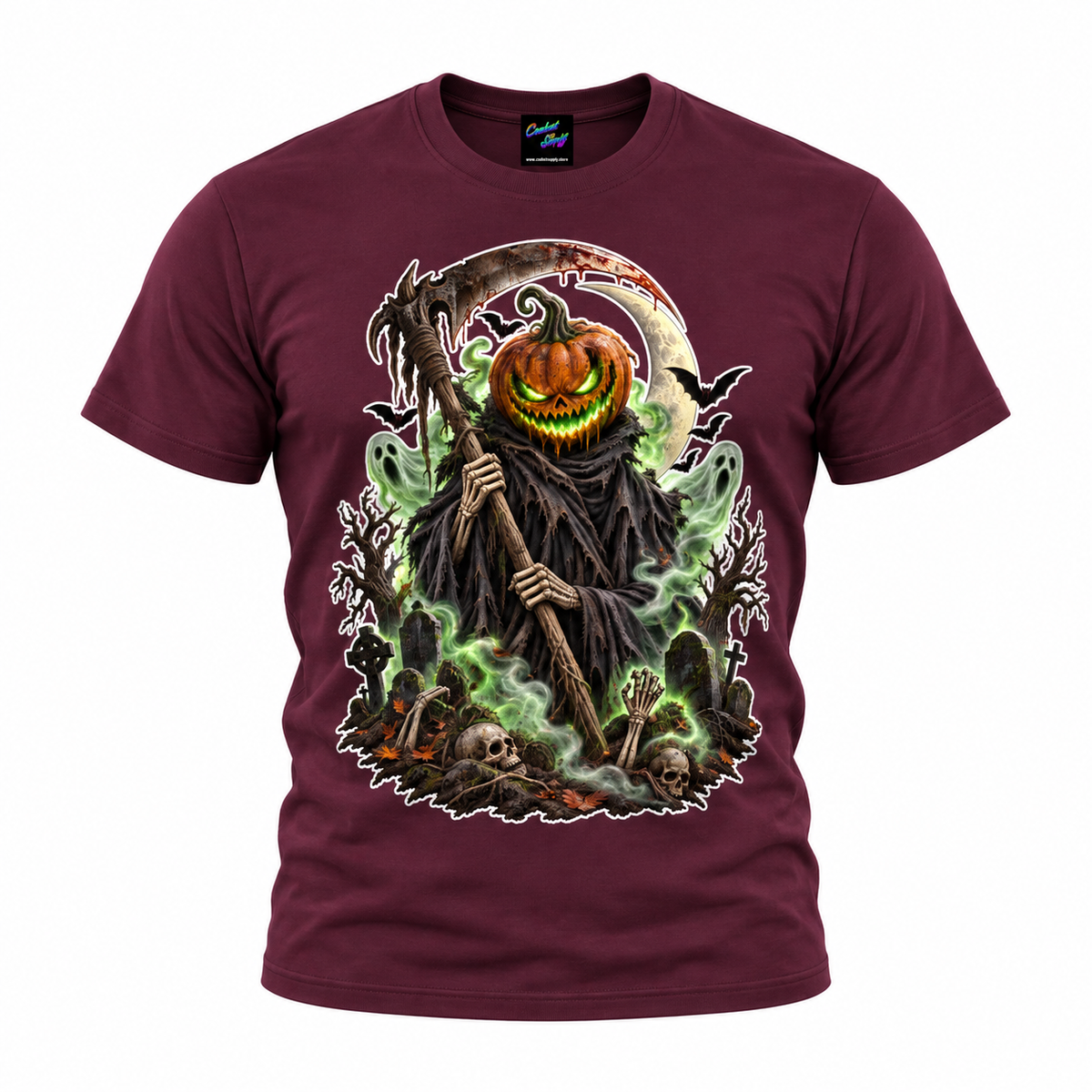 Pumpkin Grim Reaper T-Shirt – Spooky Halloween Graveyard Graphic Tee